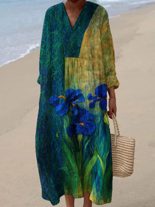 Women's Oil Painting Inspired Irises Embroidered Flowy Linen Casual Dress
