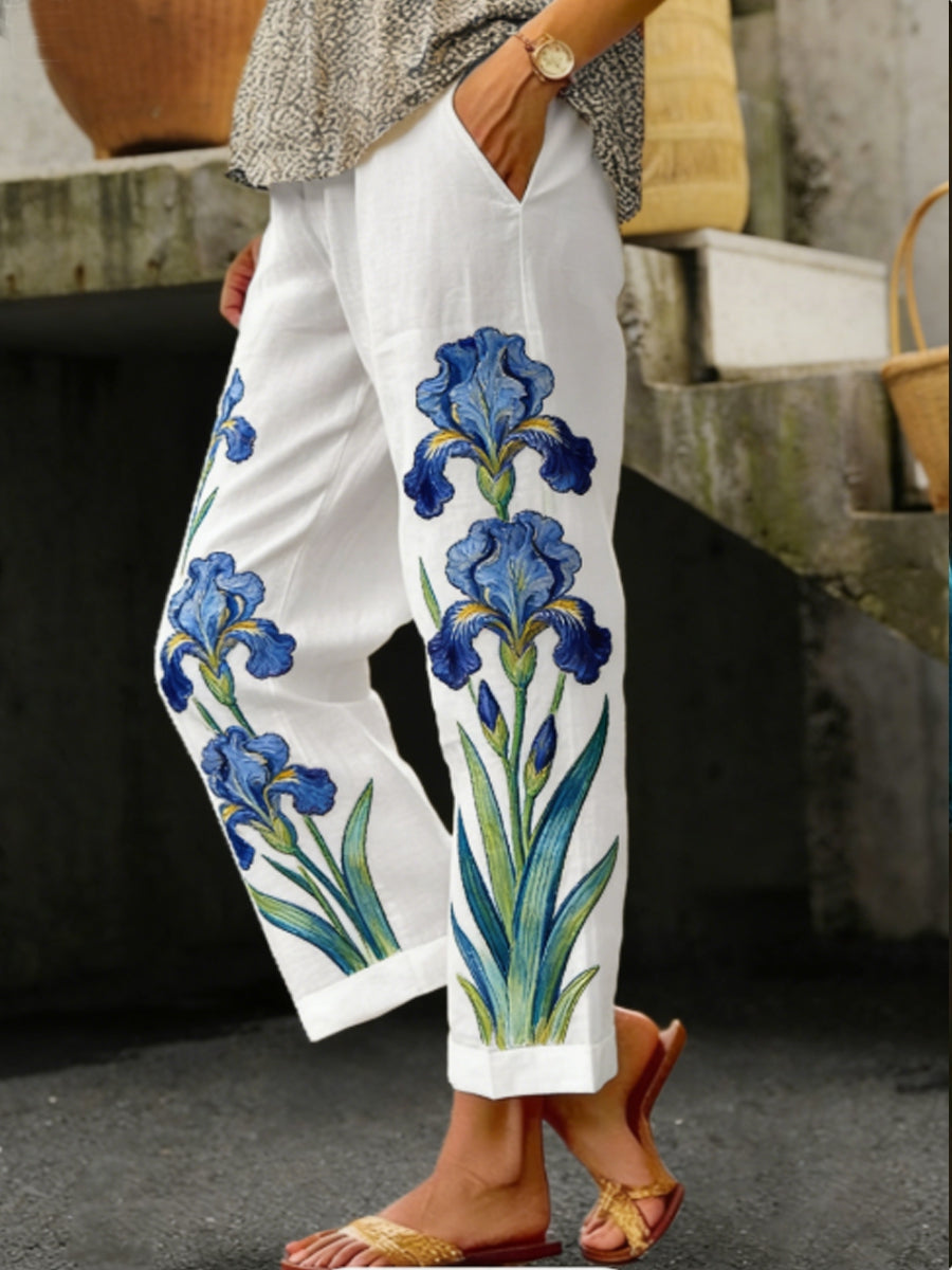 Kvinnors oljemålning Inspirerad Iris Broderi Flödande linne Casual Byxor