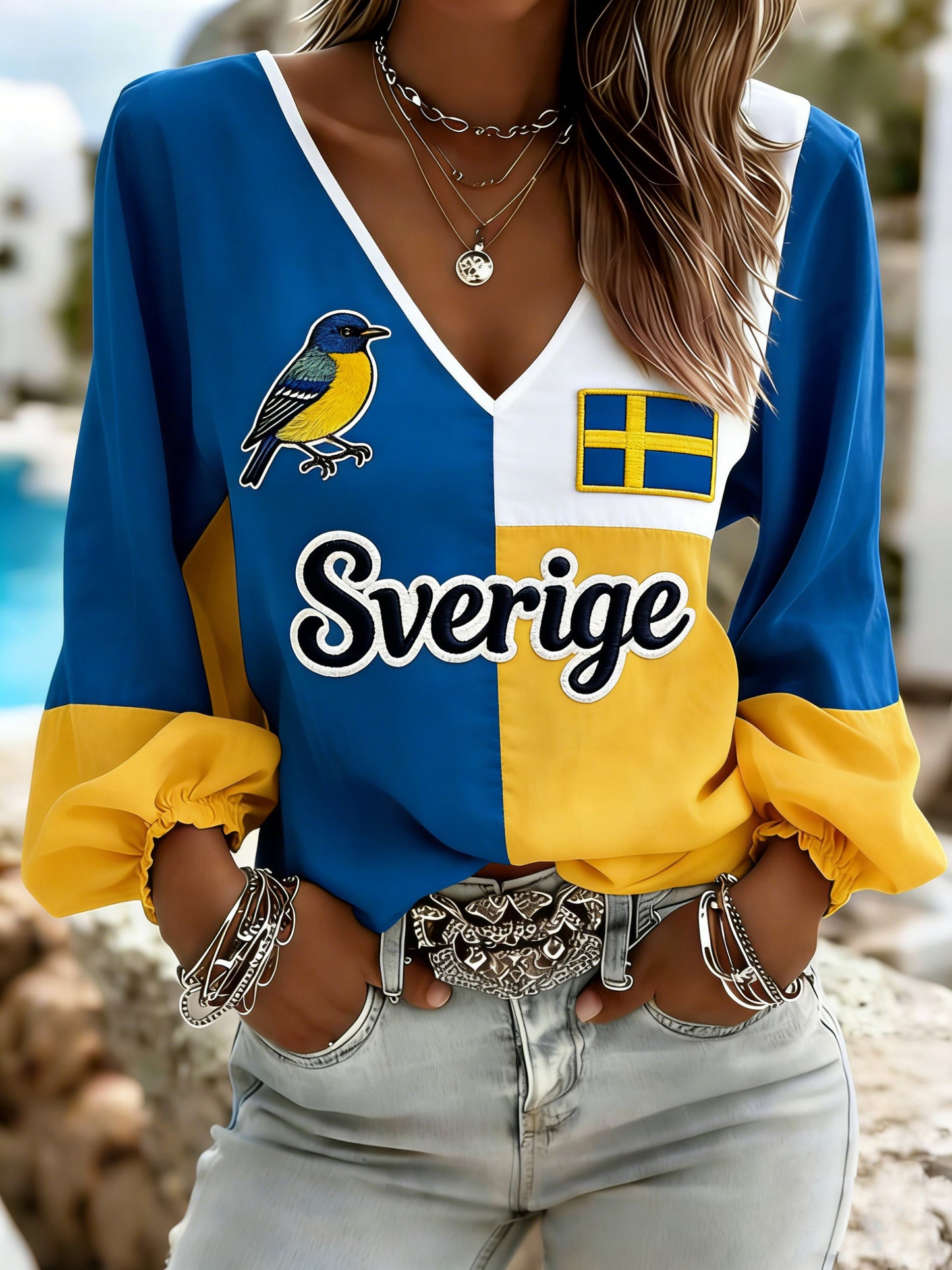 Kvinnors svenska konst Skriv ut Flagg Patchwork färg Scheme T-Shirt