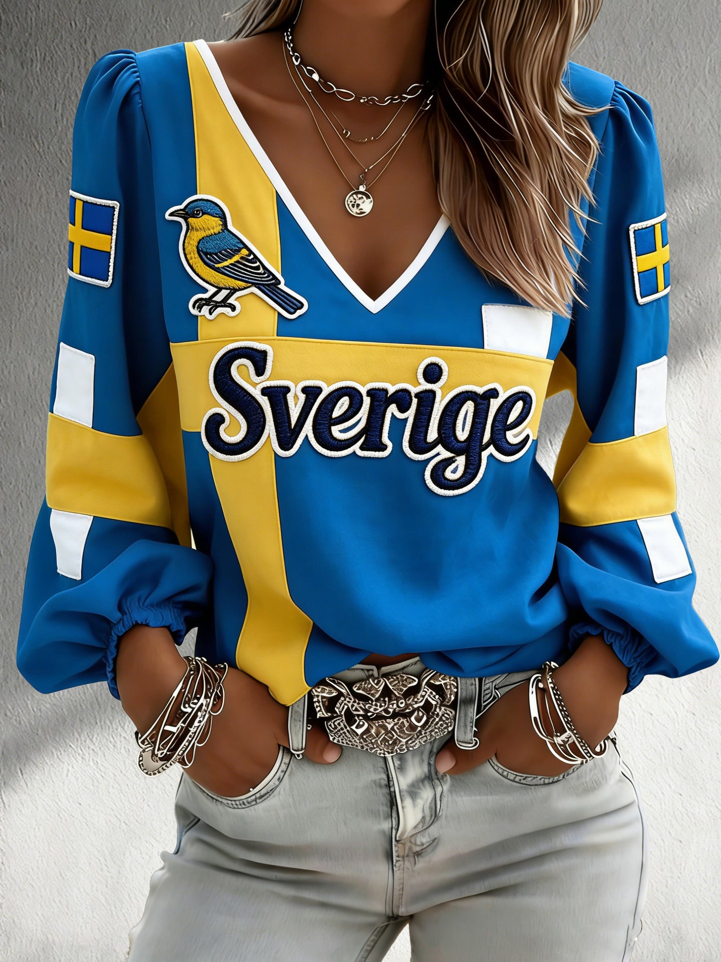 Women's Shirts Swedish Art Print Flag Patchwork Color Scheme T-shirt