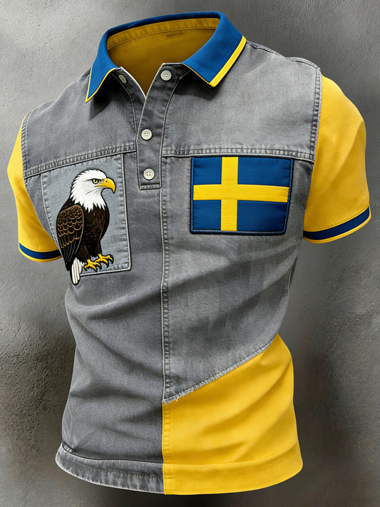 Men's polo shirt in art print with intercourse of national flags and color scheme
