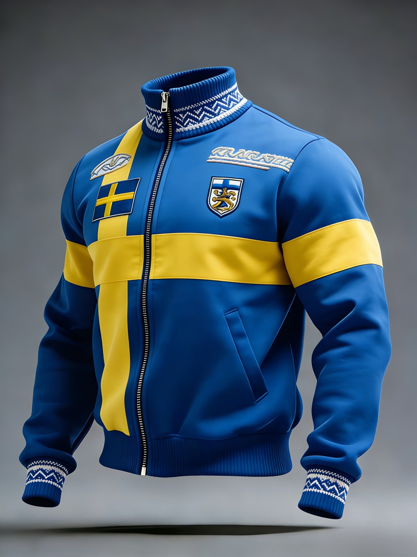 Retro Viking Swedish flag badge casual sporty stand-up collar jacket