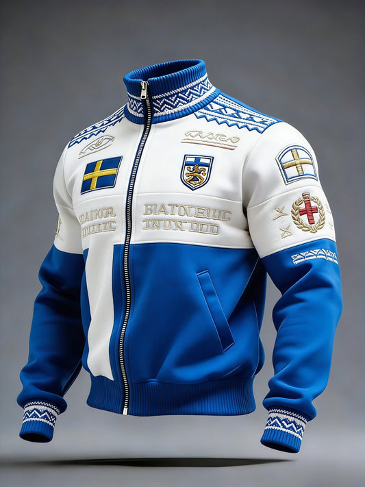 Retro Viking Swedish Flag Patch Casual Sporty Stand Collar Jacket