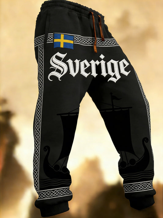 Men's Retro Viking Swedish Flag Patch Casual Trousers