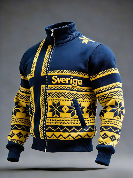 Retro Viking Swedish flag badge casual sporty stand-up collar jacket
