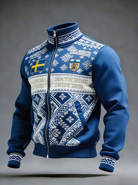 Retro Viking Swedish Flag Patch Casual Sporty Stand Collar Jacket