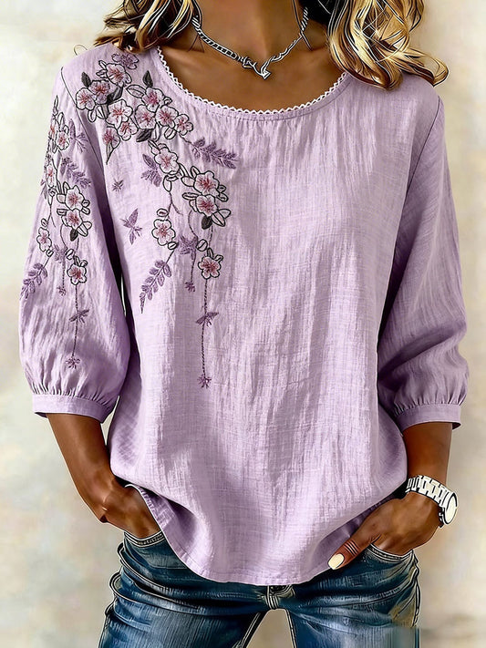 Women's cotton-linen floral casual t-shirt