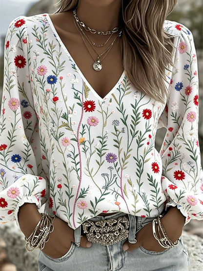Women's V-neck Cotton and Linen Long T-shirt