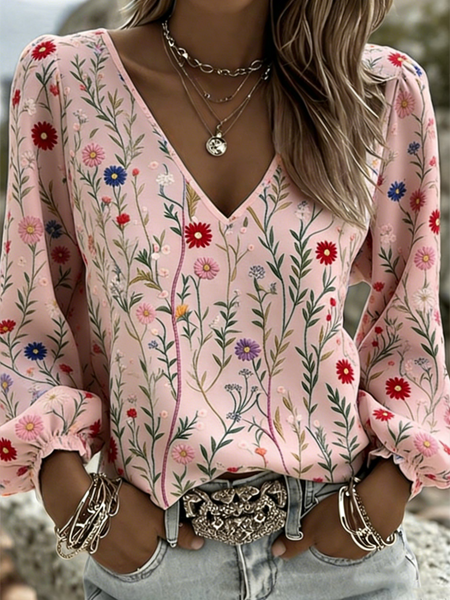 Women's V-neck Cotton and Linen Long T-shirt