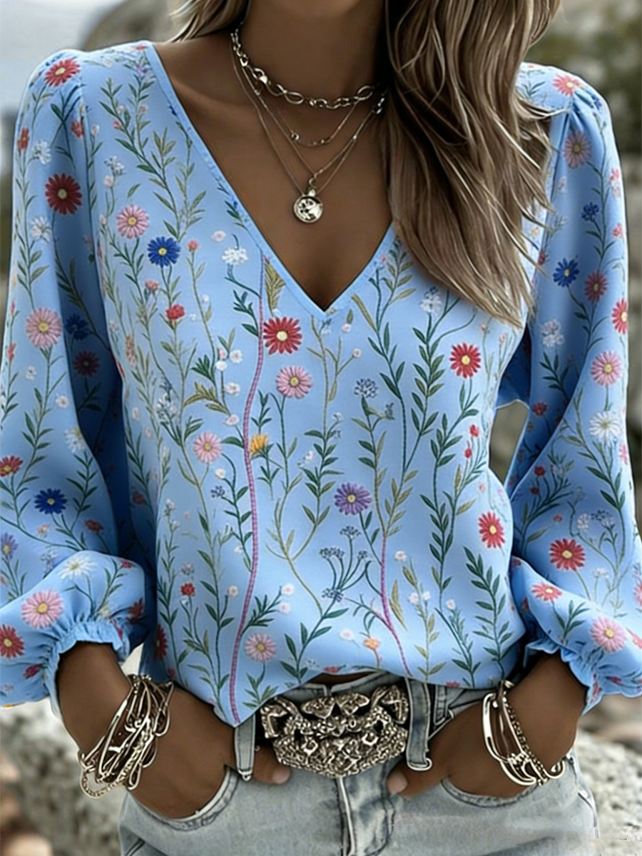 Women's V-neck Cotton and Linen Long T-shirt