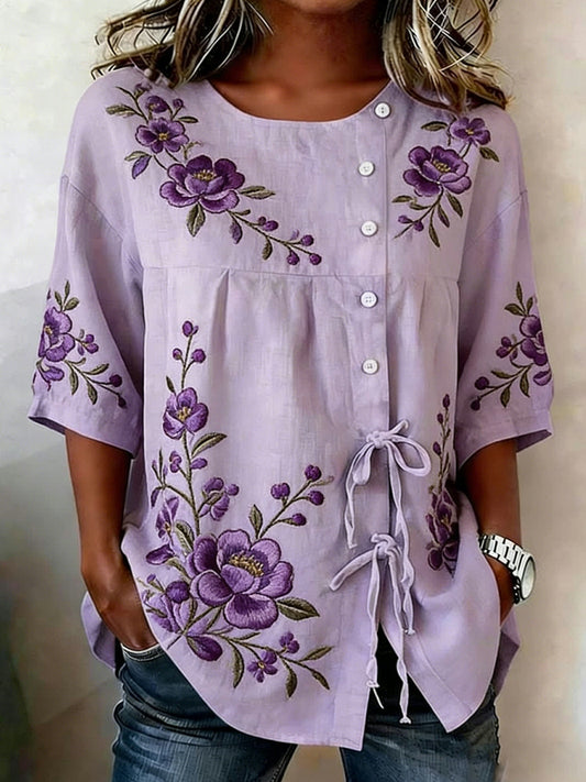 Women's linen blend shirt with floral pattern and buttons