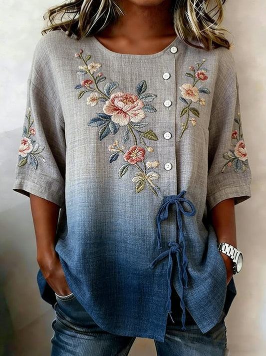 Women's floral linen blend shirt with buttons