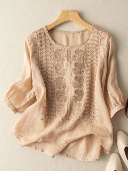 Women's cotton-linen floral casual t-shirt