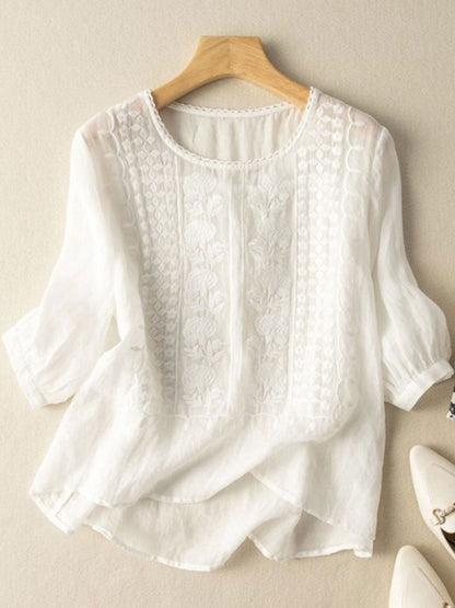 Women's cotton-linen floral casual t-shirt