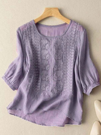 Women's cotton-linen floral casual t-shirt