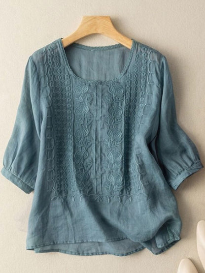Women's cotton-linen floral casual t-shirt