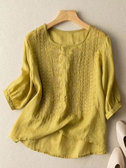 Women's cotton-linen floral casual t-shirt