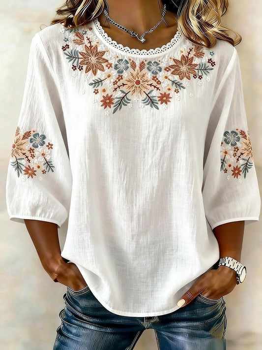 Women's Floral Cotton Linen T-Shirt