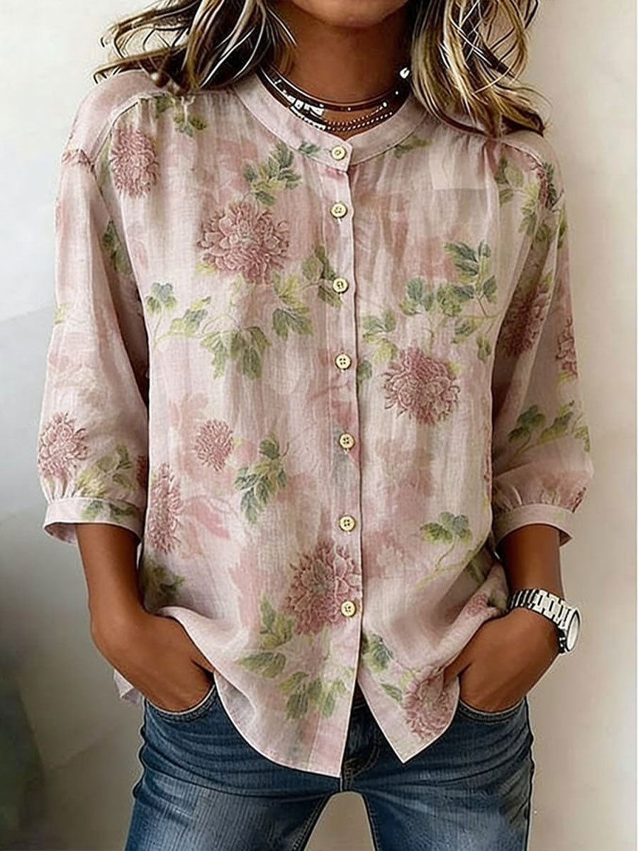 Women's Floral Cotton-Linen Casual Shirt