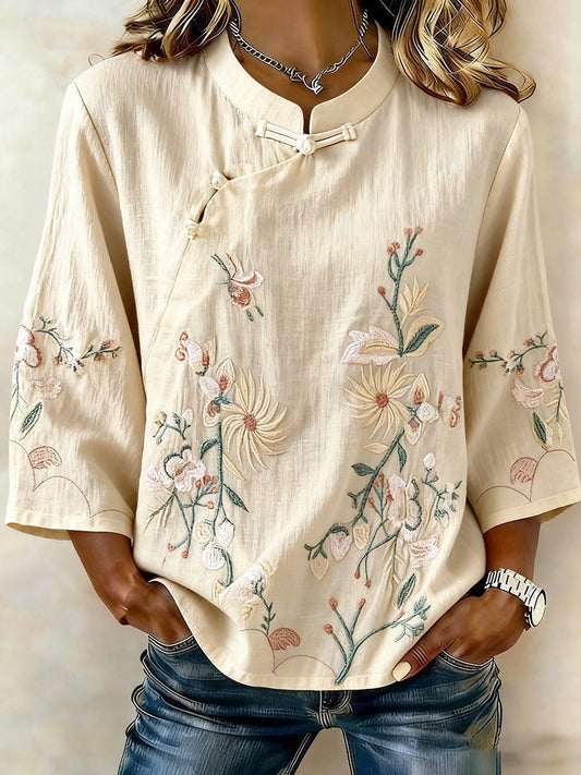 Women's Floral Cotton Linen T-Shirt
