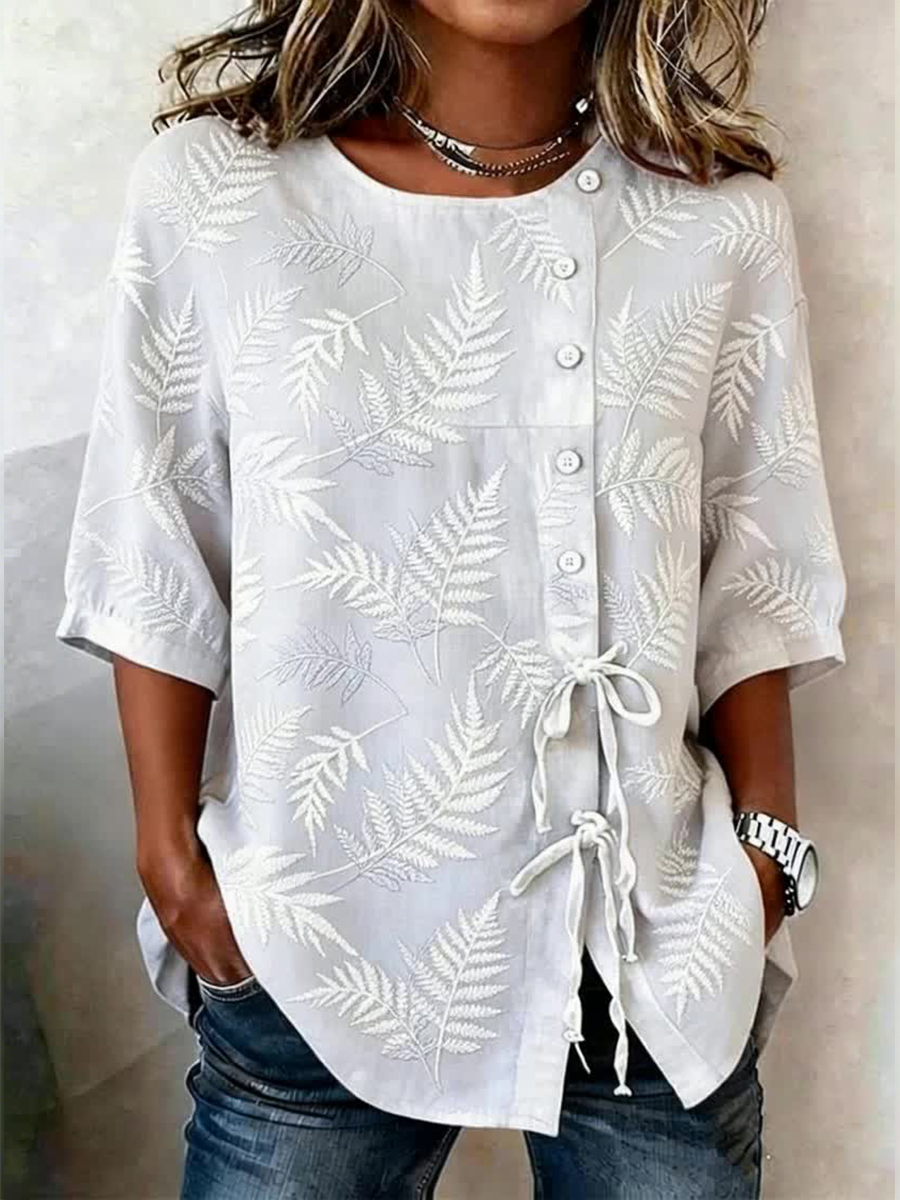 Women's floral embroidered and lace-trimmed cotton and linen shirt