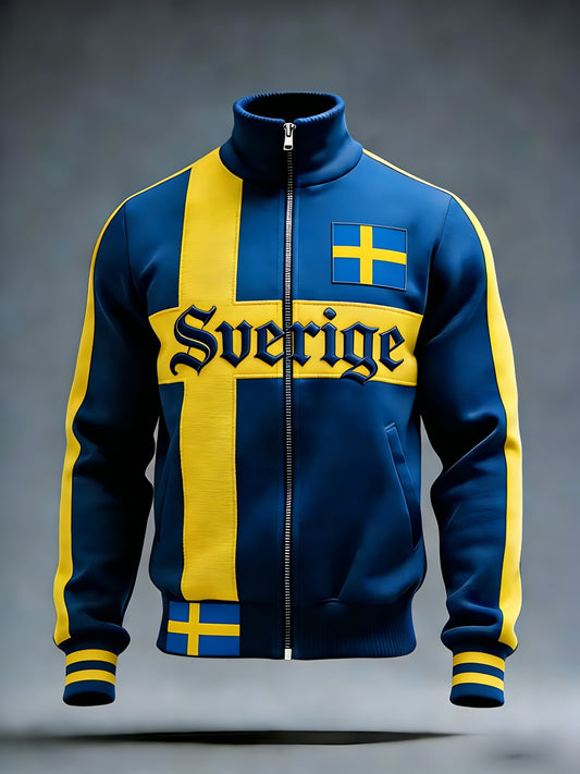 Retro Viking Swedish flag badge casual sporty stand-up collar jacket