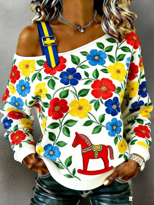 Women's Swedish Dala Horse Patterned Art Print Strapless Long Sleeve