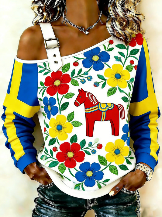 Women's Swedish Dala Horse Pattern Art Print Off-Shoulder Long Sleeve