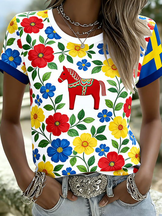 Kvinnors svenska Dalahäst Element Lokal stil Konst Skriv ut T-Shirt