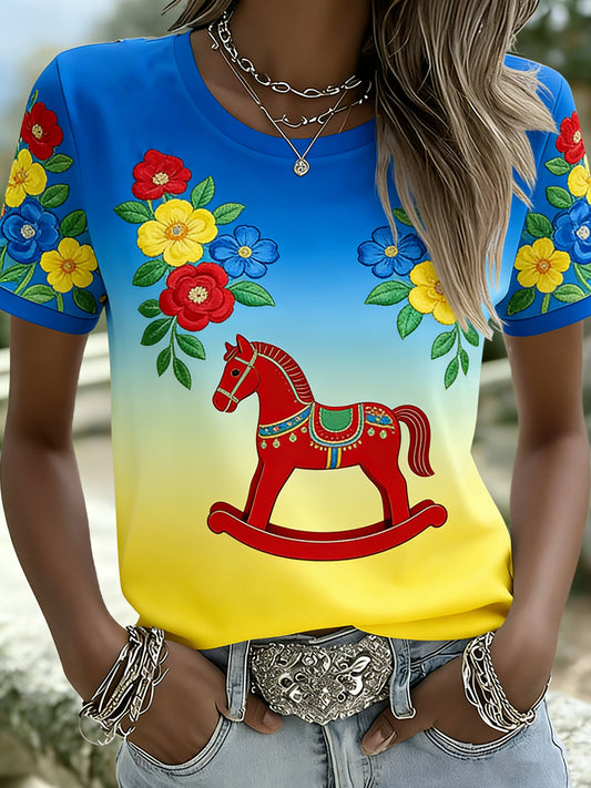 Women's shirt with Swedish Dala horse, local art print