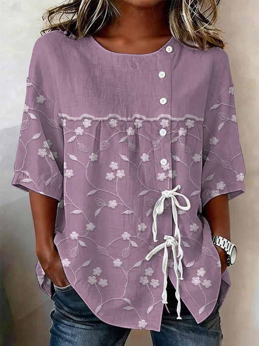 Women's linen blend shirt with buttons and a plant and flower pattern