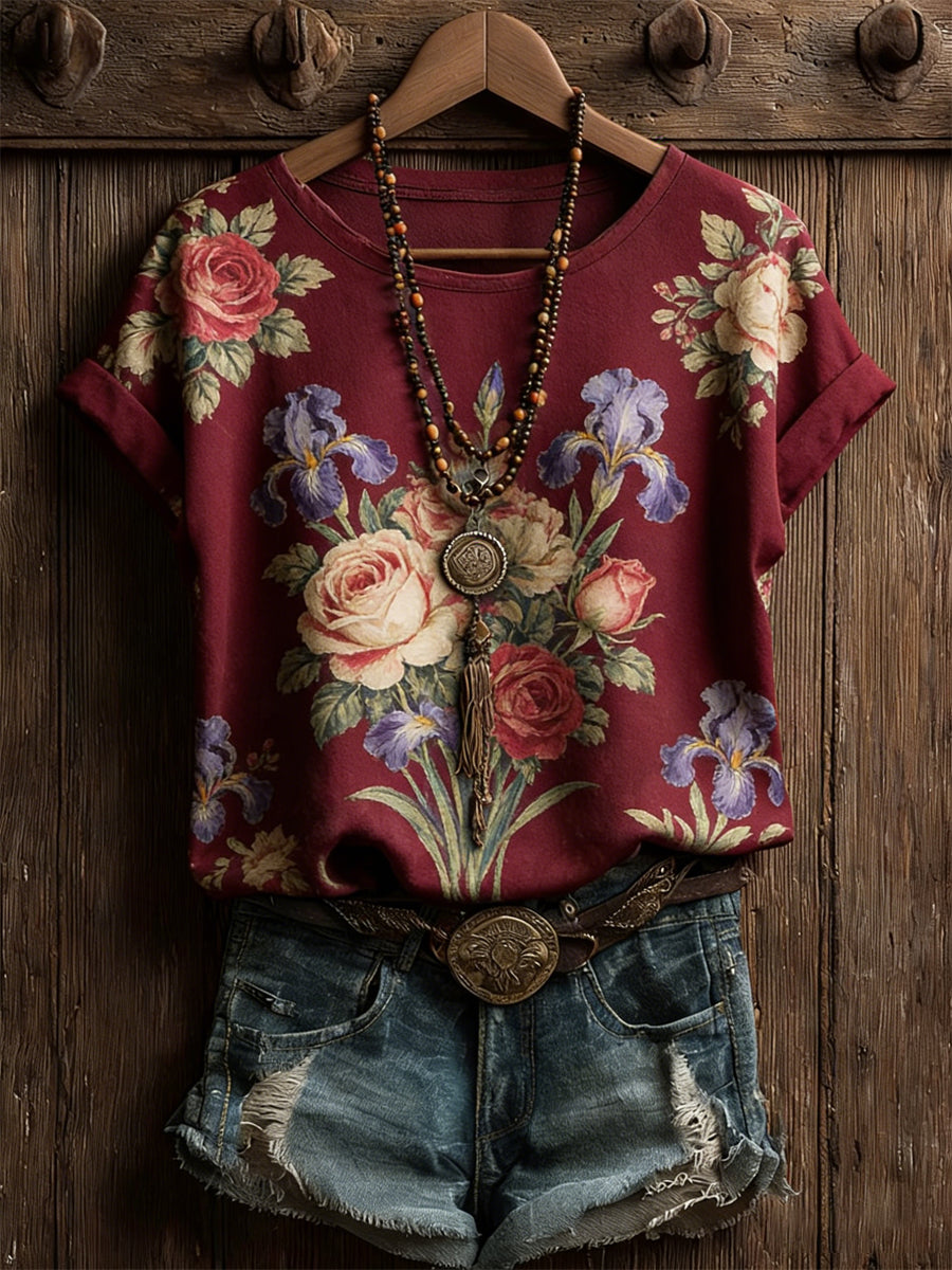 Kvinnors Vintage växter Blommor Tryckt T-shirt