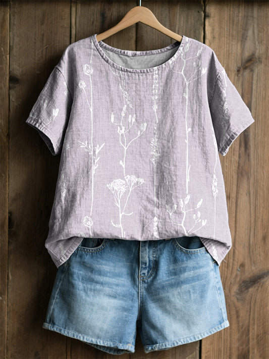 Women's shirt with printed plant and flower pattern, casual style