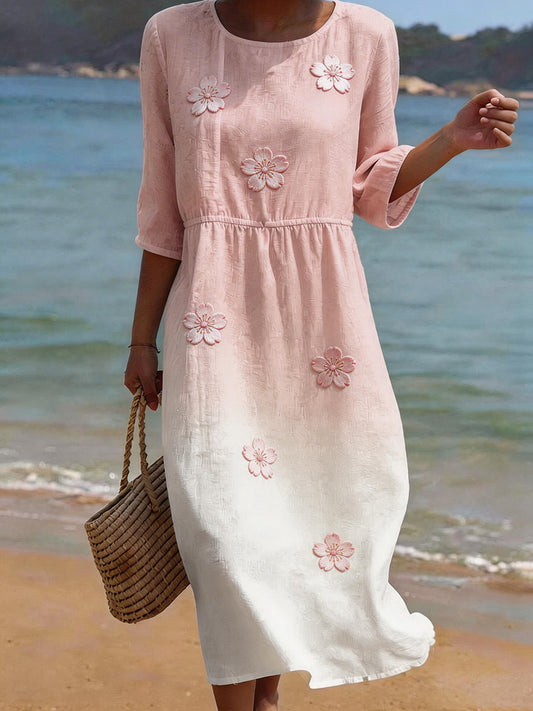 Women's linen blend dress with embroidered cherry blossom pattern