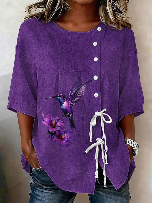 Women's linen blend shirt with buttons and a plant and flower pattern