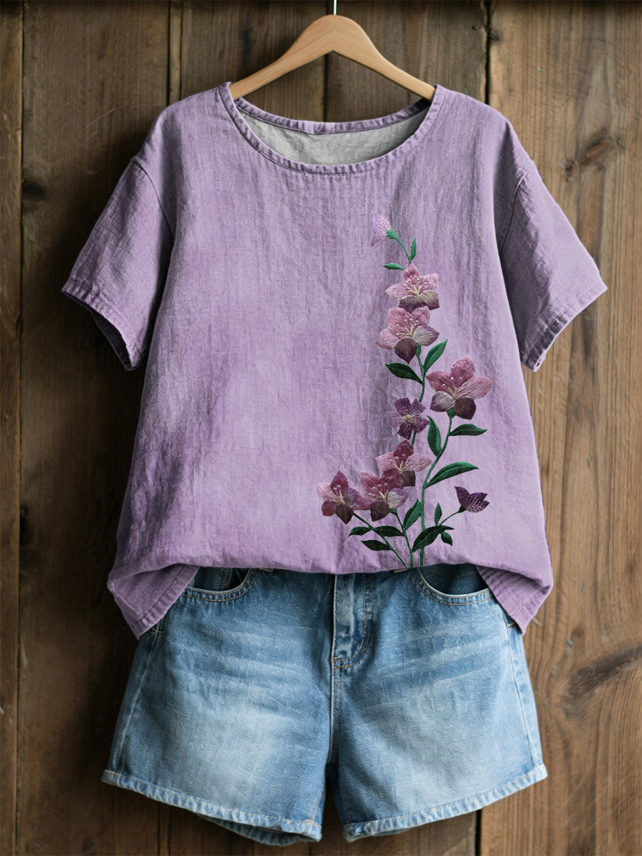 Damskjorta med tryckt mönster av växter och blommor, ledig stil