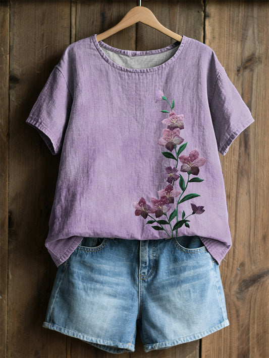 Women's shirt with printed plant and flower pattern, casual style