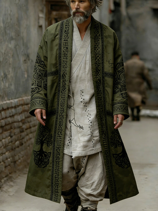 Men's Viking-Print Long-Sleeve Trench Coat