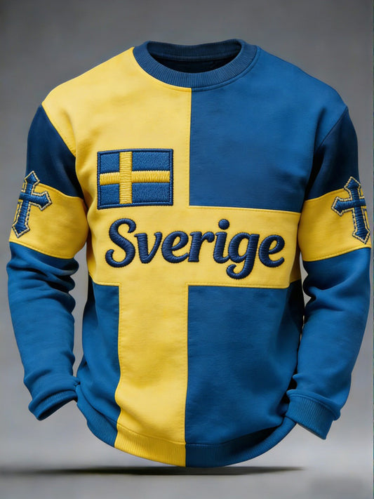 Men's retro Viking sweatshirt with Swedish flag and badge, long-sleeved, relaxed style