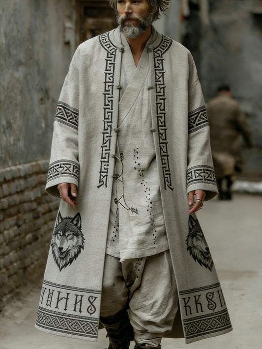 Men's Trench Coat with Viking Pattern and Long Sleeves