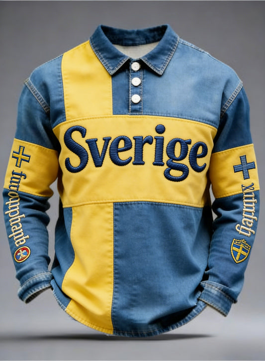 Retro Viking Swedish Flag Badge Casual Long Sleeve Polo shirt