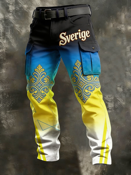 Men's Retro Viking Swedish Flag Patch Business Style Casual Work Trousers