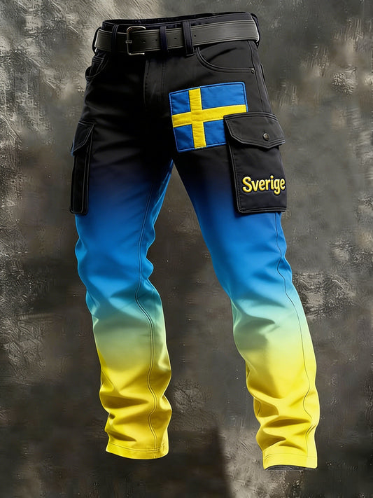Men's Retro Viking Swedish Flag Patch Business Style Casual Work Trousers