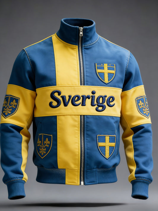 Retro Viking Swedish flag badge casual sporty stand collar jacket