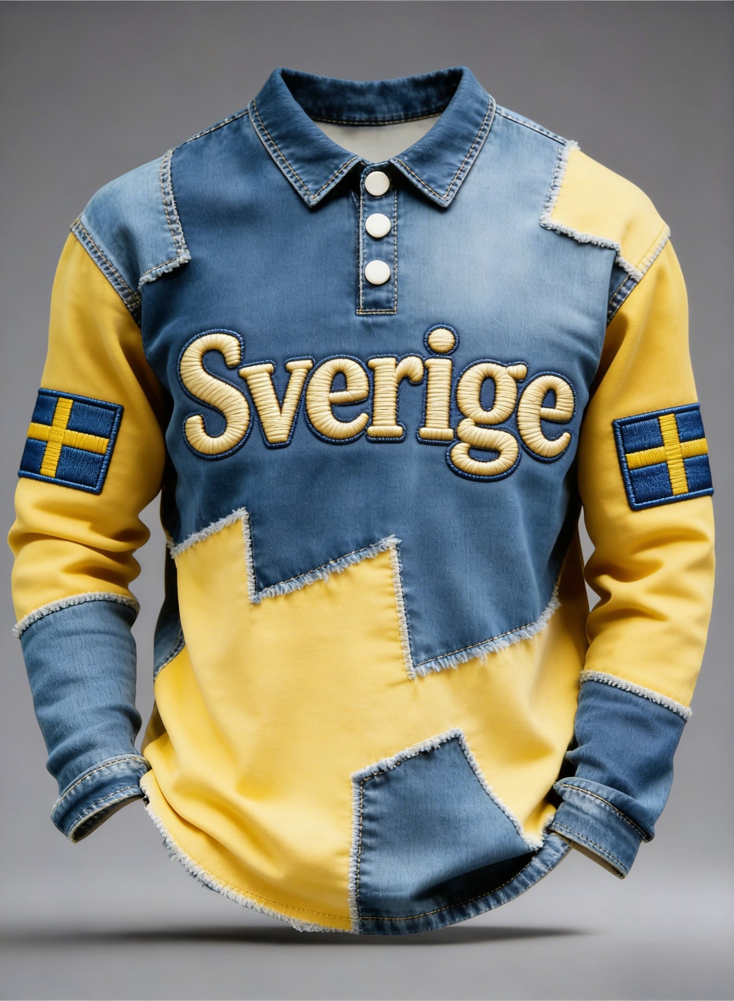 Retro Viking Swedish Flag Badge Casual Long Sleeve Polo shirt