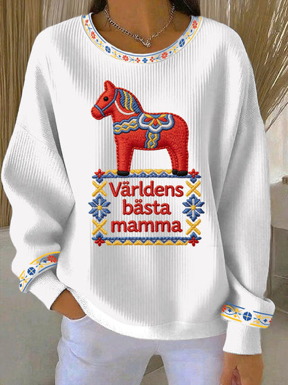 Damsweatshirt med tryckt motiv till Mors dag på svenska, avslappnad stil