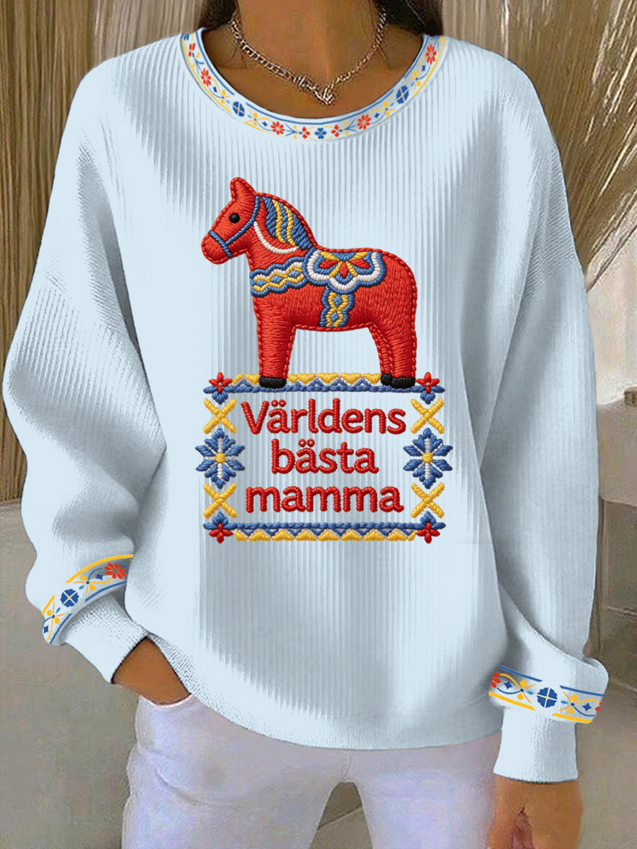 Damsweatshirt med tryckt motiv till Mors dag på svenska, avslappnad stil