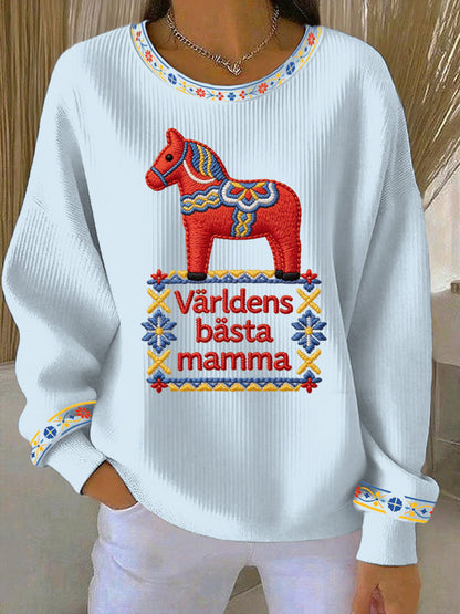 Damsweatshirt med tryckt motiv till Mors dag på svenska, avslappnad stil
