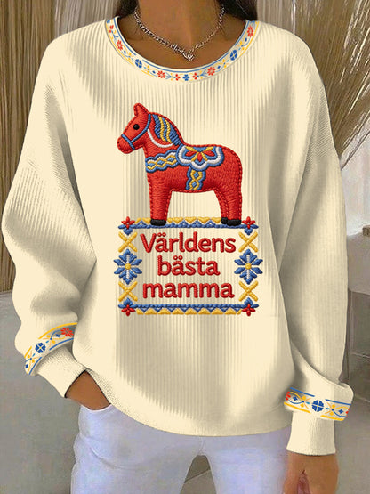 Damsweatshirt med tryckt motiv till Mors dag på svenska, avslappnad stil