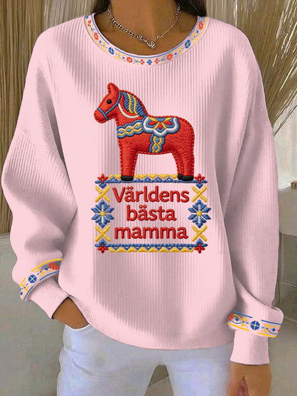 Damsweatshirt med tryckt motiv till Mors dag på svenska, avslappnad stil